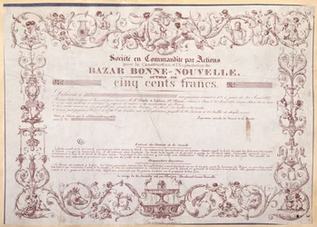 Részvényjegy 500 frank értékben a Bazar Bonne-Nouvelle számára, 1836