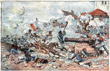 A spanyolországi Zaragoza (Zaragoza) ostroma és elfoglalása 1809 februárjában a napóleoni csapatok által. századi metszet.