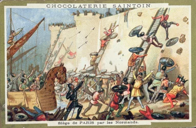 Párizs normannok ostroma a 9. században, a Chocolaterie Saintoin reklámja, 1900 körül