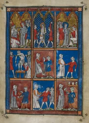 Sloane MS 1977 fol.6r Kilenc miniatúra bibliai és orvosi jelenetekkel. Fent Krisztus Kajafás és Pilátus előtt; a lobogtatás. Központban és alatta csonttörések és egyéb betegségek miatt betegeket kezelő orvosok