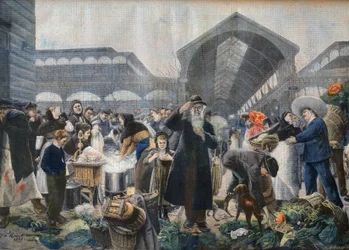 Levesstand a Les Halles-i piacon reggel, illusztráció a "Le petit Journal"-ból, 1897. március 2. - la soup aux Halles le matin Párizsban - Fortune-Louis Meaulle metszete Jean Jacques Rousseau (1861-1911) nyomán