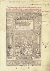 Szent Jeromos a Studiolo című művében, egy Biblia címlapja, J. Marion, Lyon, 1521