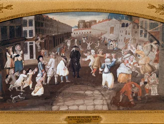 Utcai szórakoztatók a párizsi Rue St Antoine-ban (festmény