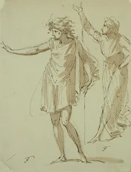 Tanulmány két klasszikusan drapozott figuráról, 1790 körül (toll és tinta, valamint papírra mosás)
