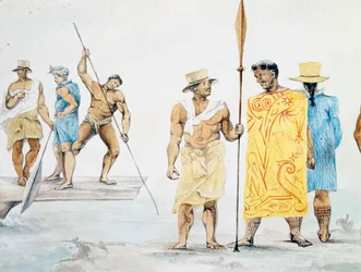 Tahiti főnökök beszállnak a Coquille-ba, Jules-Louis Lejeune terve, az Utazás a világ körül című film alapján