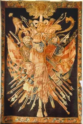 Háborús trófeákat ábrázoló kárpit (textil)