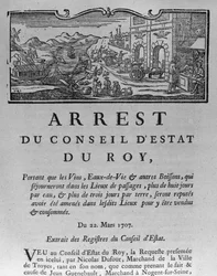 Adóhivatal a borok és szeszes italok városának bejáratánál, az Államtanács 1707. március 22-i rendelete a Párizsi Államtanács 1739. évi nyilvántartásaiból (lásd: 163952