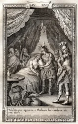 Telemaque ellátja Phalante sebeit, és elhozza neki testvére hamvait – 1798-as metszet Monnet után, Francois de Salignac de La Mothe-Fenelon dit Fenelon „Les Aventures de Telemaque, fils d