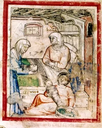 Thamar (Tamar) két ikertestvért szül, Perets és Zerah, Júda fia. Miniatűr a 212-es kódexből (vagy padovano kódexből vagy Páduai Bibliából) 1390-1400