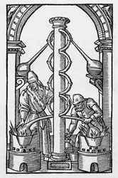 Az alkimista munka közben, Philippus Ulstadius „Coelum Philosophorum” illusztrációjának másolata, Párizs, 1544