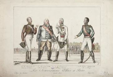 A szövetséges uralkodók Párizsban, 1815, I. Sándor orosz császár, XVIII. Lajos francia király, I. Ferenc osztrák császár és III. Frigyes Vilmos porosz király, kiadó: Martinet, 1815