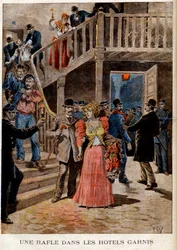Prostituáltak letartóztatása a párizsi szállodákban (panzió) - Összefoglaló a kitöltött szállodákban - „Le Petit Journal” 1895.08.04 (metszet)