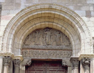 A felemelkedés, timpanon a Porte Miegeville-ből, 1120 körül
