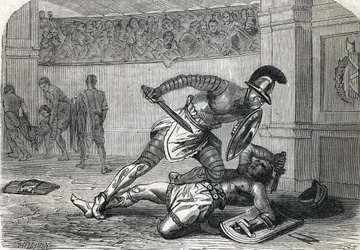 A gladiátorok csatája az arénában (metszet) 1864