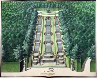 Az 1706 végén átalakított Cascade a dombon lévő ligetben, a Gardens of Marlyból, 18. század eleje (papíron wc)
