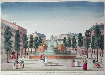A Chateau dEau szökőkút a Boulevard du Temple-n, Párizs (színes metszet)