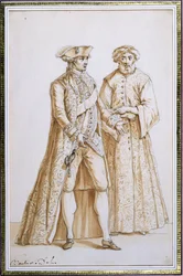 A Comte de Saint-Priest, Franciaország nagykövete a konstantinápolyi Sublime Porte-ban, 1768-84 dragomanjával (tolmácsával) (indiai tinta és mosás papíron)
