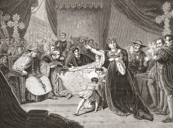 George Henry Harlow Katharine királynő perének bírósága, Mrs. Siddons Katharine királynőként ábrázolva Shakespeare Henrik VIII. A Histoire des Peintres-ből, École Anglaise, 1867-ben (litho)