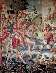 A tékozló fiú távozása. Tournai-ban 1520 körül készült gyapjú- és selyemkárpit. Párizs, Nemzeti Középkori Múzeum, Thermes de Cluny