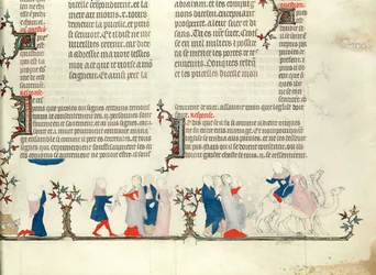 Rebecca távozása Eliezerrel, Jean de Sy Bibliájából, 1355 körül