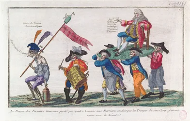 A Fermiers Generaux Doyenjét őrei a Semmi felé viszik, 1791 (kézzel színezett akvatinta)