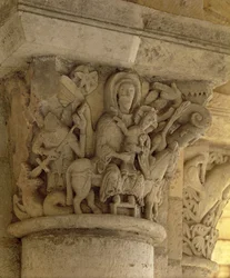 Repülés Egyiptomba, oszlopfő-dombormű a bencés apátság templomából, 13. század