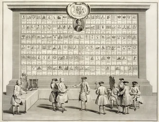 A szabadkőművesek a különféle páholyok jeleivel, A vallás és szokás szertartásaiból, 1733 körül