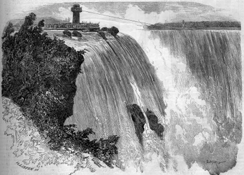 A francia akrobata, Blondin (Jean Francois Gravelet) (1824-1897) átkel a Niagara-vízesésen. Philibert úr vázlatából. Metszet a „” Le Monde Illustré”” 127. számában, 1859. szeptember 17.
