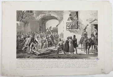 A lakosok, akik Grenoble kapuit a császár lábai elé helyezik, 1815. március 6., kiadó: Martinet, 1815