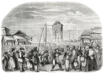 Az ártatlanok felvonulnak Párizsban a szökőkúttal – Edmond Texier metszete „Tableau-de-Paris”-ban 1852