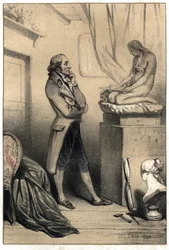 Antonio Canova olasz szobrász (1757-1822) a „Madeleine penitente” kultúrája előtt”. Valerio két árnyalatú „” Scenes de la vie des hommes híres””” metszetéből vett lemez. 1843.