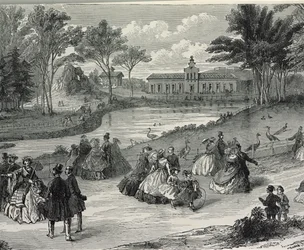 The Jardin dAcclimatation, Párizs, 1855 (bw metszet)
