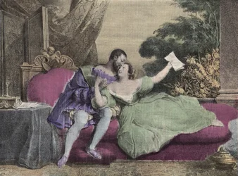 I. Francois francia király (1494-1547) Diane de Poitiers-szel (1499-1566) Breze hölgyével, Valentinois hercegnőjével. Daveria litográfiája 1832-ből a „” Laughs Et Galanterie” c. Heti Galantes-képgyűjtemény John Grand-Carteret irányításával.