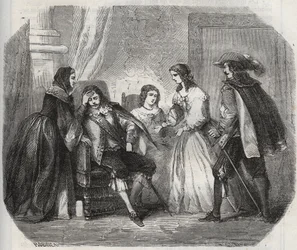 XIII. Lajos francia királyt (1601-1643) elkapja a migrén, amikor Anna osztrák királynővel (1601-1666) beszél. Metszet 1871-ből Henry de Kock (1819-1892) „Histoire Des Cocus Celebres” c.