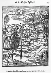 A Módszer, amellyel a Földmérő térre csökkenthető bármilyen talaj, illusztráció a LAgriculture et Maison Rustique-ból, Charles Estienne, kiadása 1641-ben