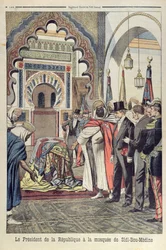 A Francia Köztársaság elnöke, Emile Loubet (1838-1929) meglátogatja a Sidi Bou Medine mecsetet, Tlemcen, Algéria, illusztráció a Le Petit Journalból, 1903. május 3.
