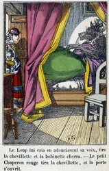 A Piroska belép abba a szobába, ahol a farkas átvette a nagymamája helyét – a „Piroska” című művében. Pellerin, Epinal, n.d. 19.