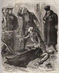 III. Péter orosz cárt (1728-1762), akit kijelölt lakhelyre utaltak, felesége, II. Katalin parancsára, aki éppen megdöntötte őt és átvette a hatalmat, Alekszej Orlov (1737-1808) és őrei 1762. július 17-én meggyilkolták. 1871-es metszet a „Histoire De” című