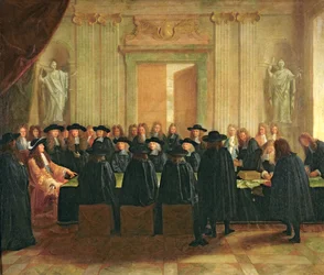 A pecsét, amelyet XIV. Lajos (1638-1715) tartott az Államtanács és a Fellebbviteli Bíróság tagjai előtt 1672-ben, 1672-ben