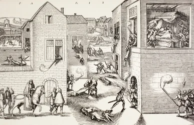 A Szent Bertalan napi mészárlás, 1572. augusztus, Paul Lacroix „Katonai és vallási élet a középkorban” című művéből, London 1880 körül.