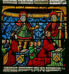 A St Louis-i ablak: Az adományozók, Henriette de Mauroy és Simon Liboron védőszentjeikkel, Cirénei Szent Henrikkel és Simonnal láthatók.