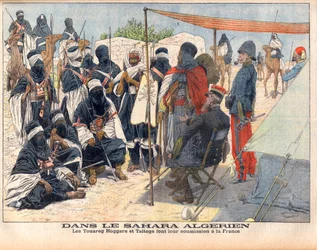 A tuaregek Hoggar és Taitogok alávetik magukat az angol uralomnak az algériai Szaharában. Az algériai Szaharában. A Touareg Hoggars és Taitogs benyújtja beadványát Franciaországnak. Illusztráció a Le petit Journalhoz, 1905. november 26.