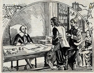 Theophraste Renaudot (1586-1653) francia orvos és újságíró, a Gazette de France alapítója címirodája. Névtelen metszet 1930-ból.