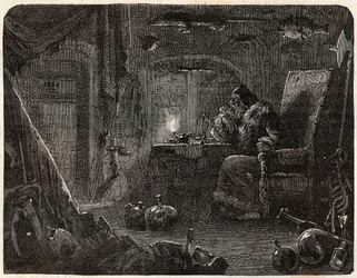 Az alkimista, aki megígérte, hogy aranyat készít, a laboratóriumában dolgozik: az alkimista a 17. században - Nicolas Jules Henri Gourdon de Kennouillac (1826-1898) „Paris a travers les cules”-ban.