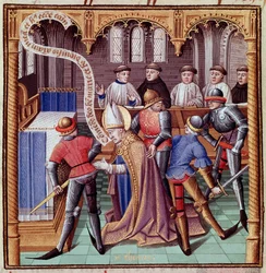 Thomas Becket meggyilkolása 1170-ben (Canterburyi Szent Tamás meggyilkolása). Miniatúra Vincent de Beauvais (1190-1264) 