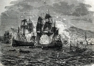 Algír bombázása 1682 augusztusában Abraham Duquesne által - (metszet) 1864