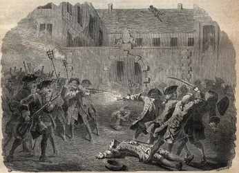 Louis Dominique Garthausen dit Cartridge brigand (1693-1721) és társai, akik a párizsi Hotel Desmaretz dezsuitázására készülnek, ádáz küzdelem után meglepődnek, és az íjászok megtámadják, a háztetőkön keresztül menekülnek - Louis Domini francia brigand