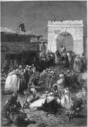 Az algériai Saida kör caidjai és djemmái az arab irodába viszik ajándékaikat, amelyek célja a Németország által az 1870-es háború vége óta megszállt francia megyék megváltása. 1872. április.