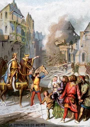 Reims kommuna (1160) – VII. Lajos megtorlásai a reimsi burzsoák közösségi szabadságjogainak lerombolására. A „Hazafias nevelés képen keresztül” sorozat kromolitográfiája.