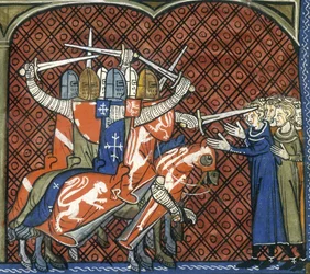 A keresztes hadjárat az albigensek ellen, c1325-c1350. Lovas karddal hadonászó katonák megtámadják az albigensek egy csoportját. III. Innocentus pápa szent háborút hirdetett az albigens keresztények ellen, mivel félt hitük terjedésétől. 1209-ben elrendelte